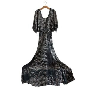 Vintage Bobstore Pure Silk Botanical Snakeskin Print  Flutter Sleeve Maxi Dress
